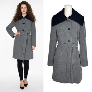 Tahari Women's Wool Blend Belted Coat Cable Knit Shawl Collar Gray Size 4